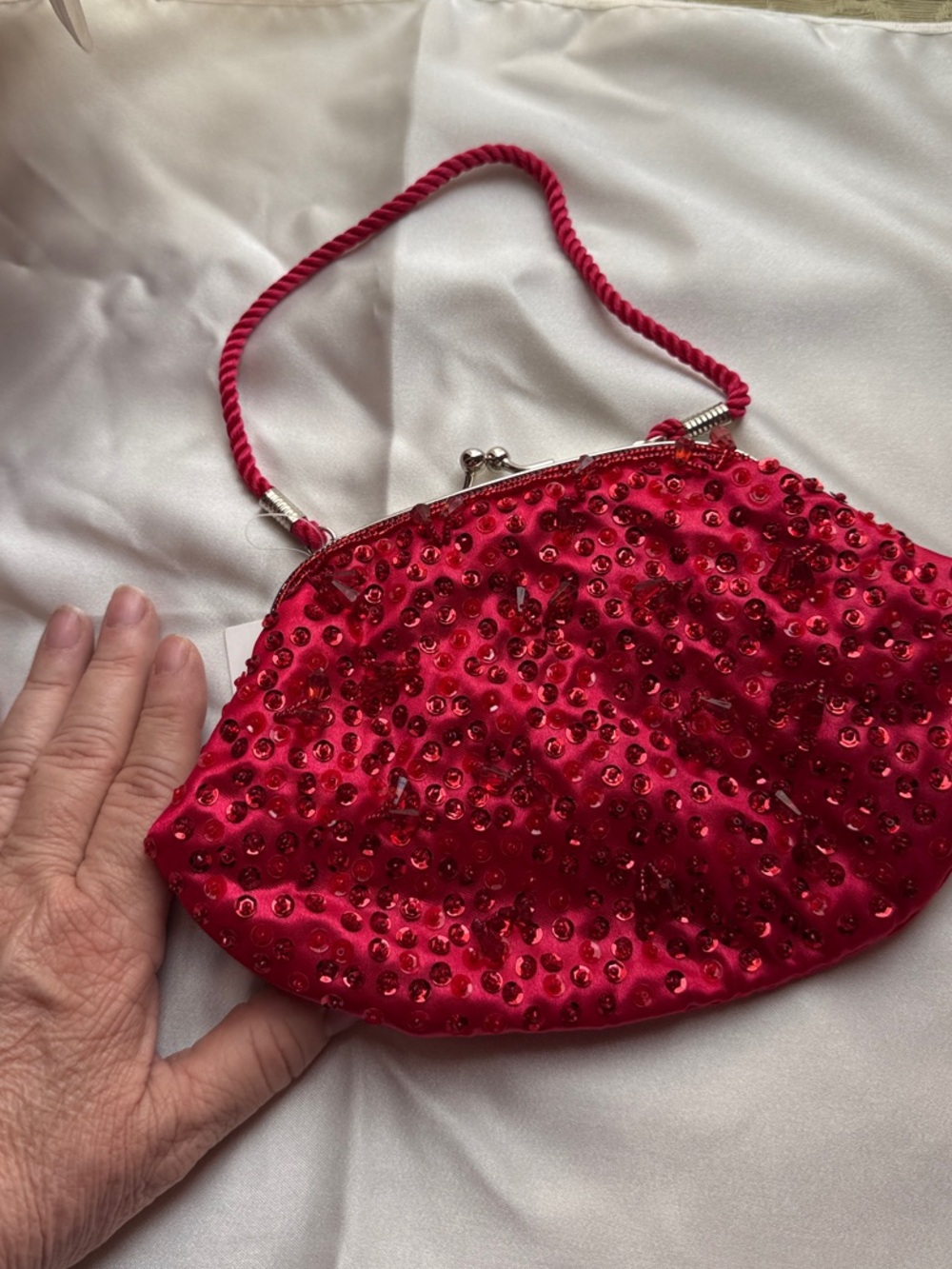 Red Beaded Satin Evening Clutch with Twisted Handle